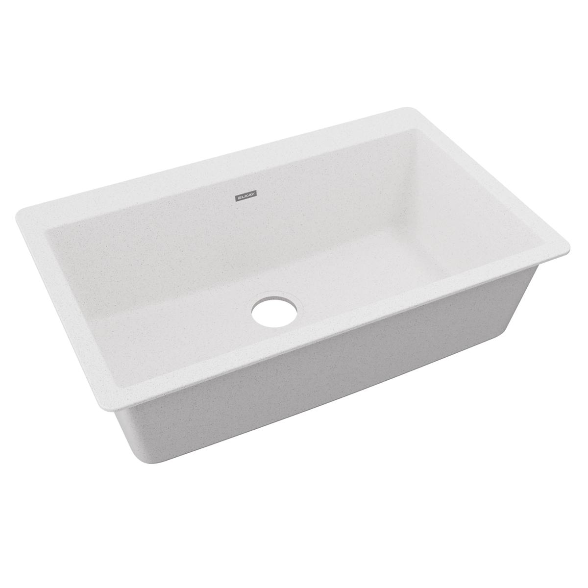 White quartz single bowl drop-in sink with centered drain hole and Elkay brand mark.