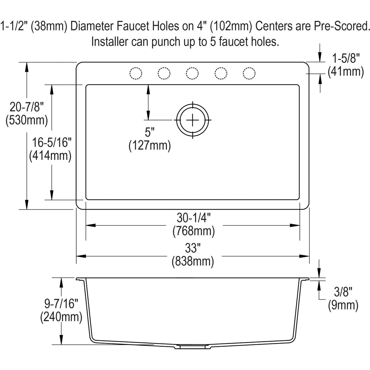 Black quartz single bowl drop-in sink with pre-scored faucet holes and dimensional specifications labeled.