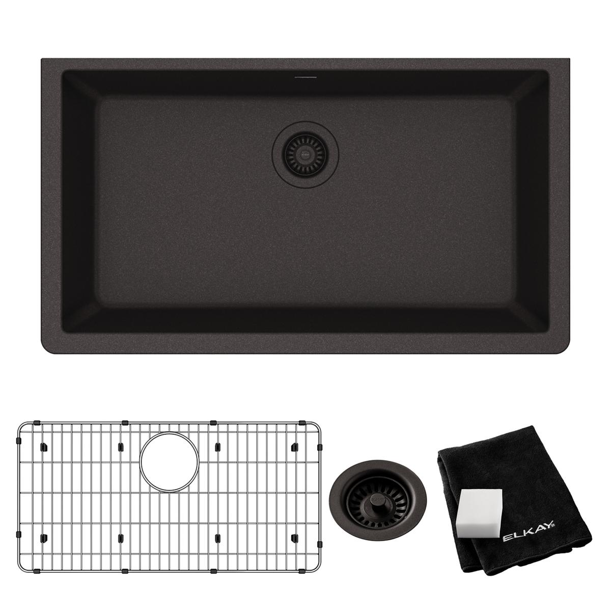 Black quartz single bowl undermount sink kit with drain strainer, grid insert, and cloth included.