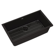Black quartz single bowl undermount sink with drain and stainless steel bottom grid included.