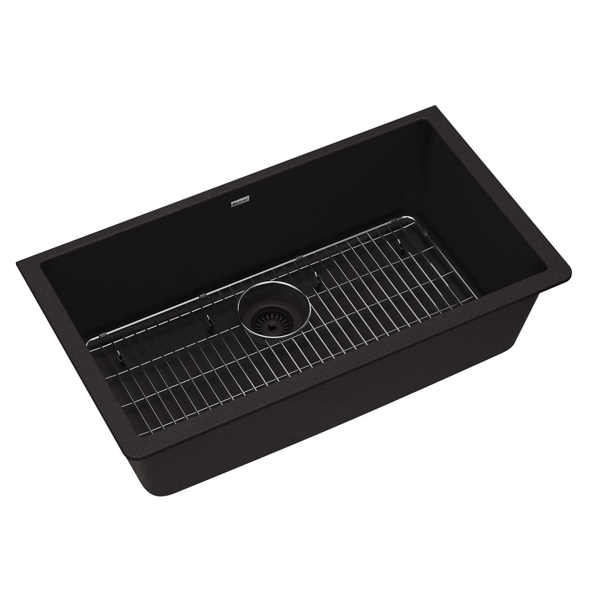 Black quartz single bowl undermount sink with drain and stainless steel bottom grid included.