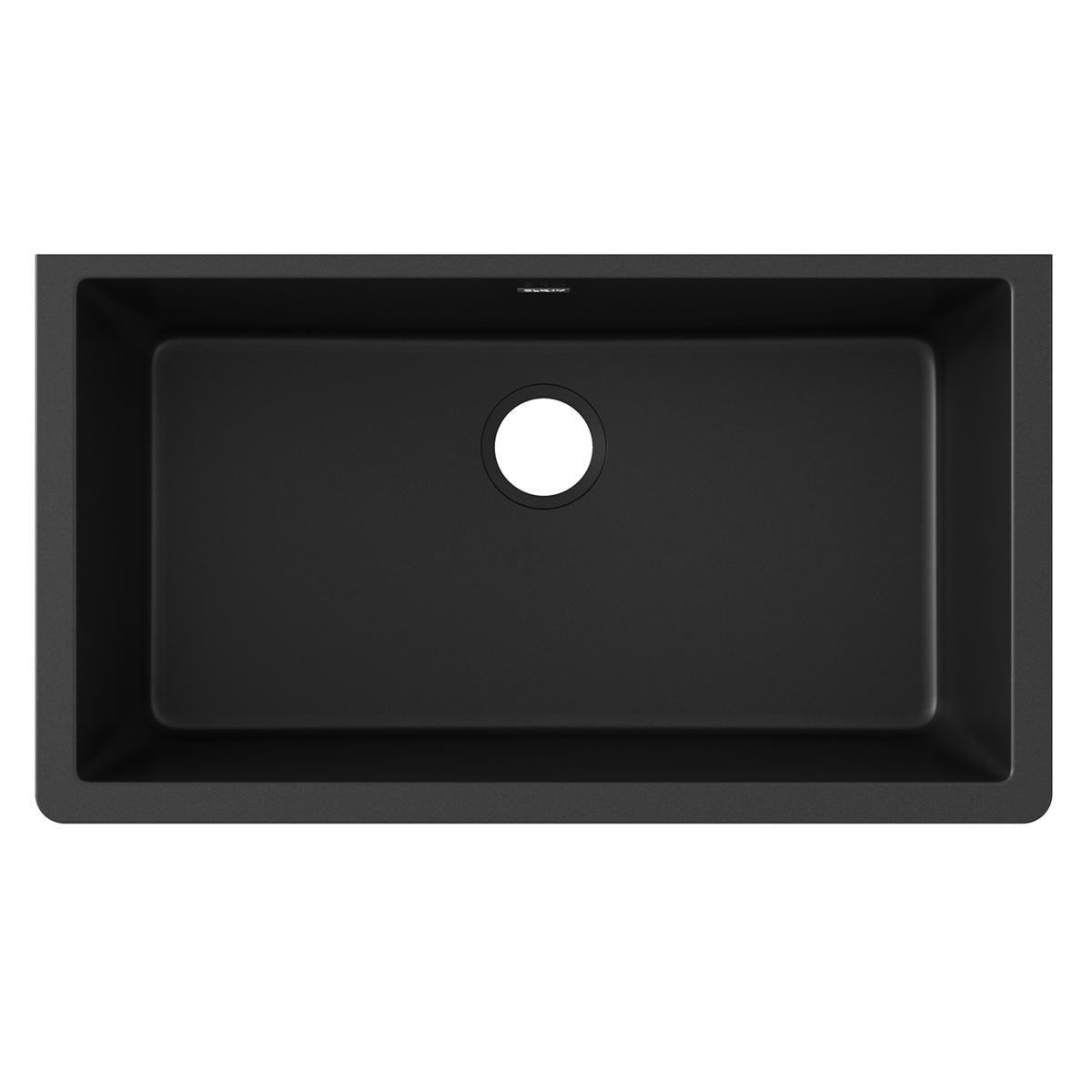 Black quartz composite single bowl undermount kitchen sink with drain hole.