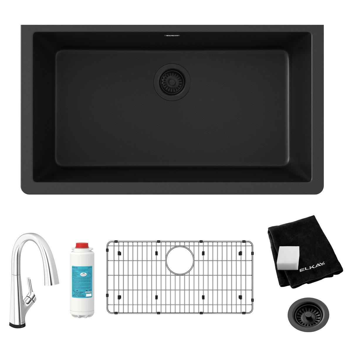 Black quartz undermount sink with single bowl, drain, filtered faucet, grid, filter cartridge, and cloth included.