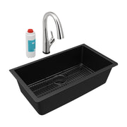 Black quartz undermount sink bowl with stainless steel faucet, grid strainer, and water filter cartridge.