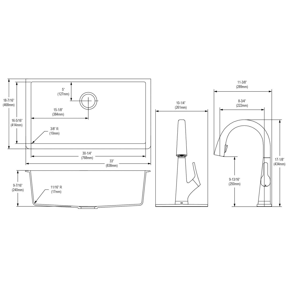 Greystone quartz single bowl undermount sink with filtered faucet shown in top, side, and front technical specification views