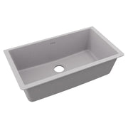 Greystone quartz single bowl undermount sink with one drain hole, viewed from above at an angle.