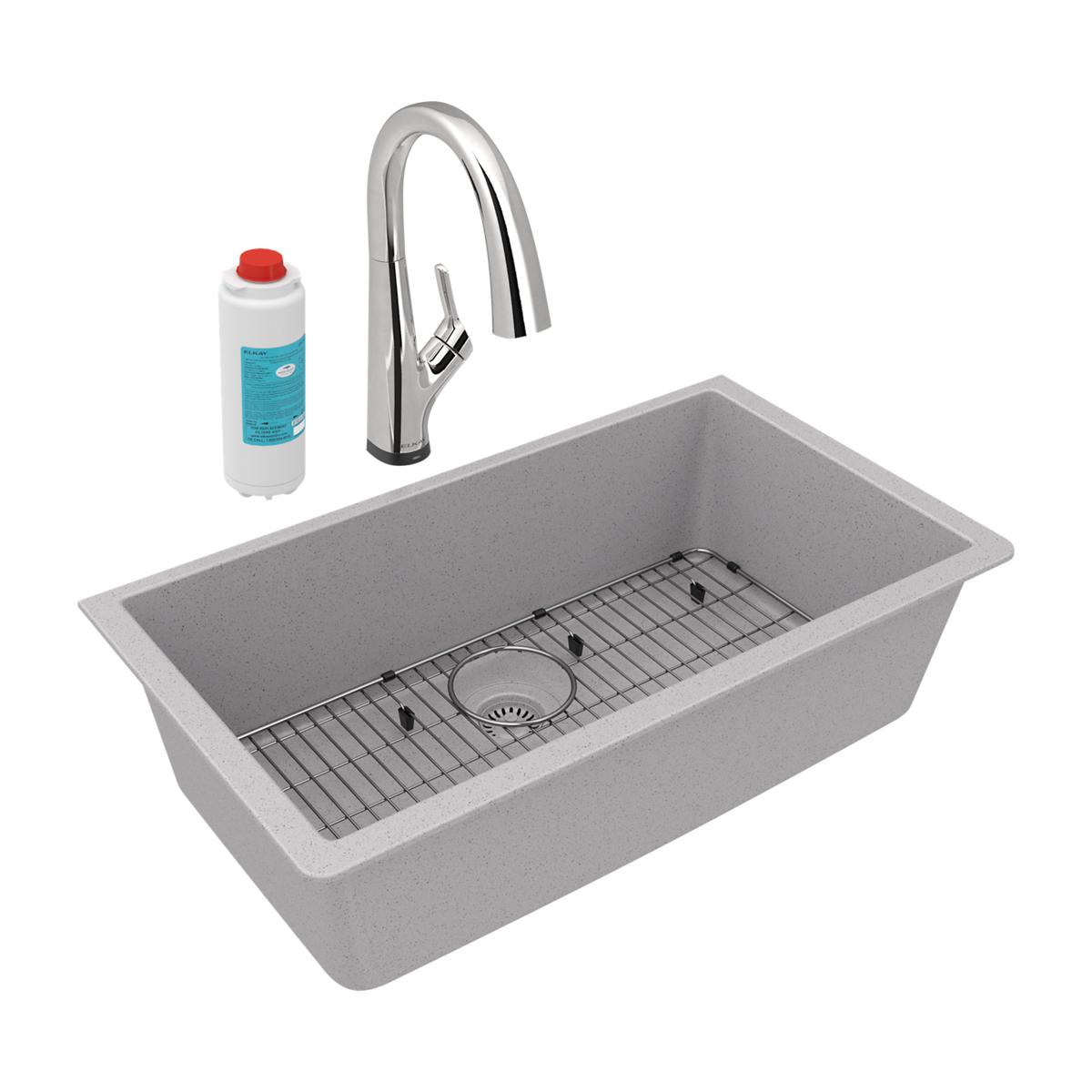 Greystone quartz single bowl undermount sink kit with chrome pull-down faucet, grid strainer, and water filter cartridge.