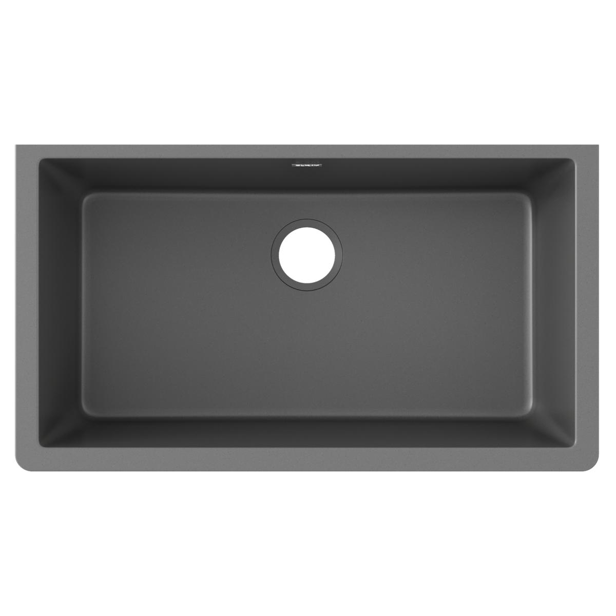 Dusk gray quartz single bowl undermount sink with drain hole, top view.