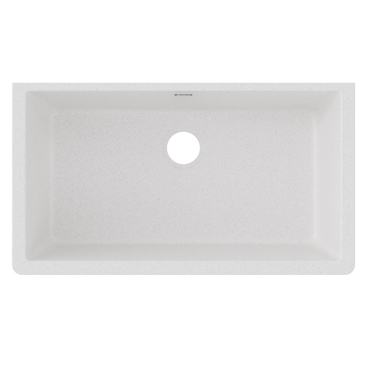 White quartz composite single bowl undermount sink with rounded corners and centered drain hole.