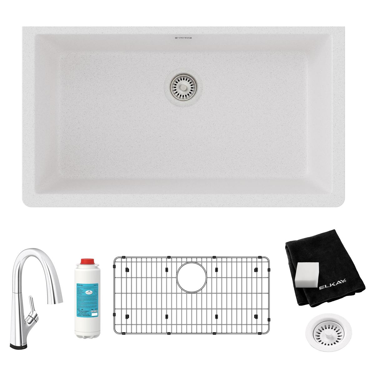 White quartz single bowl undermount sink with drain, paired with chrome filtered faucet, grid strainer, filter cartridge, and