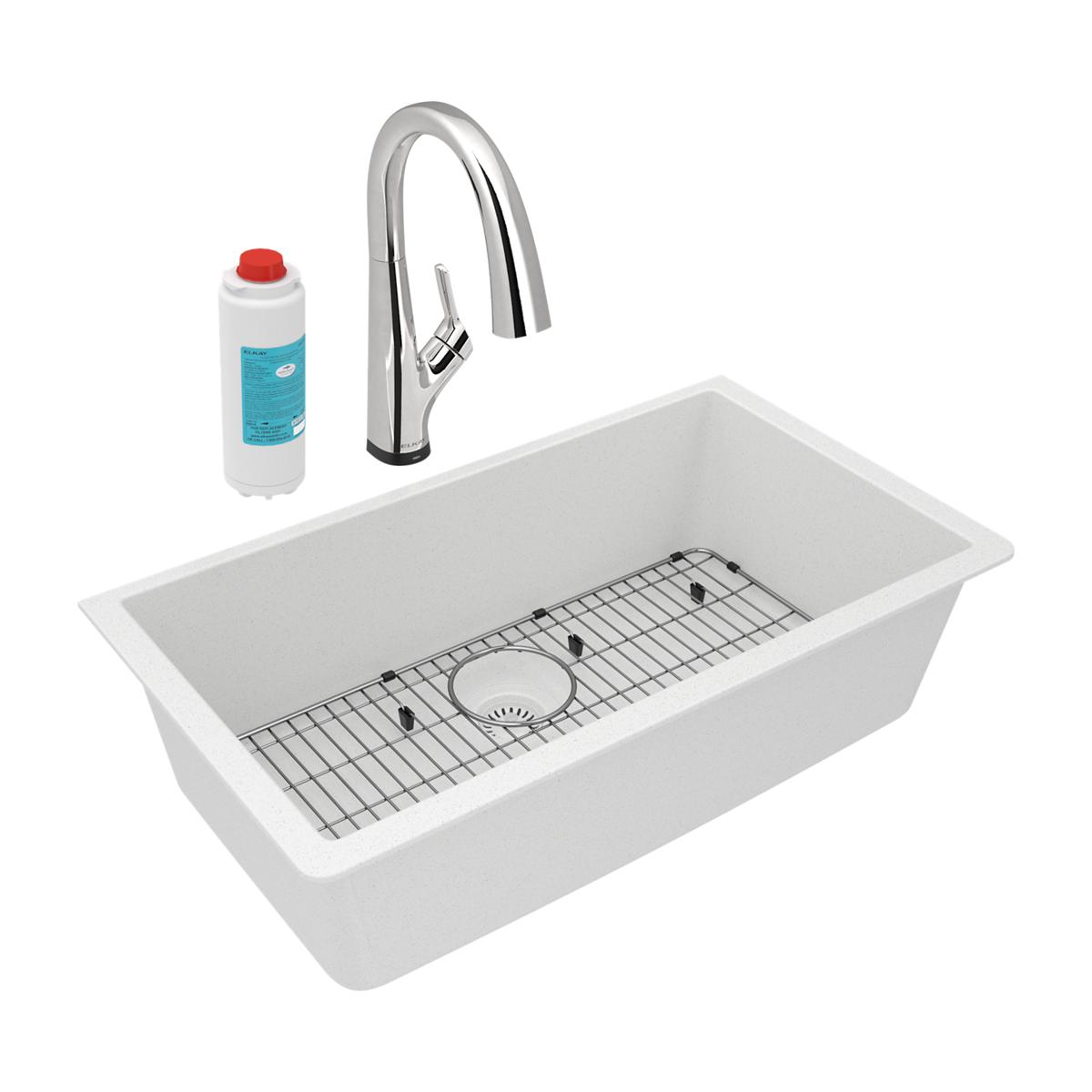 Elkay Quartz Classic 33" x 18-7/16" x 9-7/16" Single Bowl Undermount Sink Kit with Filtered Faucet White