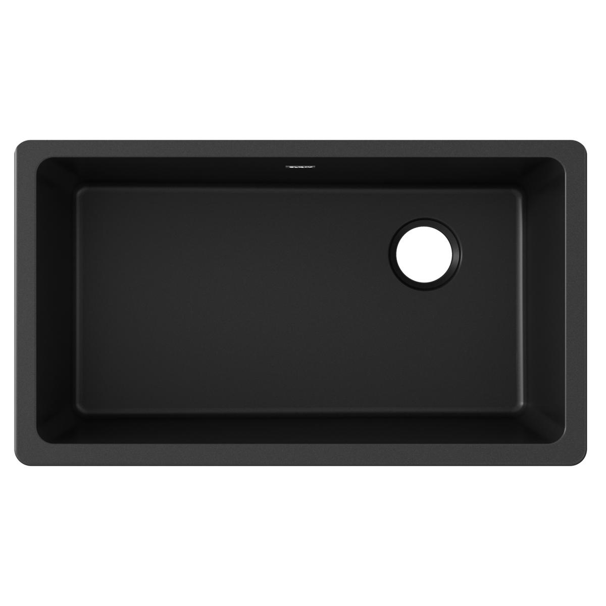 Black quartz single bowl undermount sink with rounded corners and faucet hole on right side.