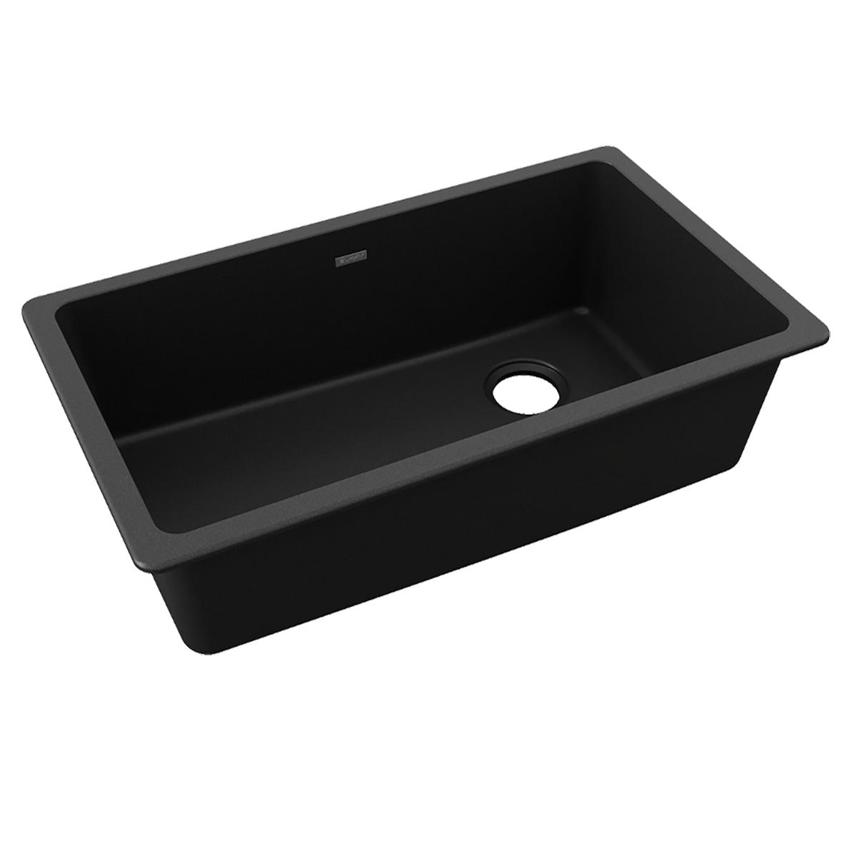Black quartz undermount kitchen sink with single bowl and rounded corners.