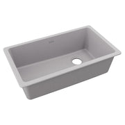 Greystone quartz single bowl undermount sink with drain hole, rectangular shape and rounded corners.