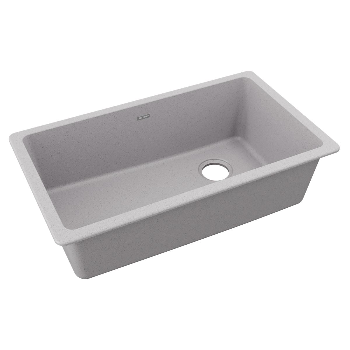 Greystone quartz single bowl undermount sink with drain hole, rectangular shape and rounded corners.