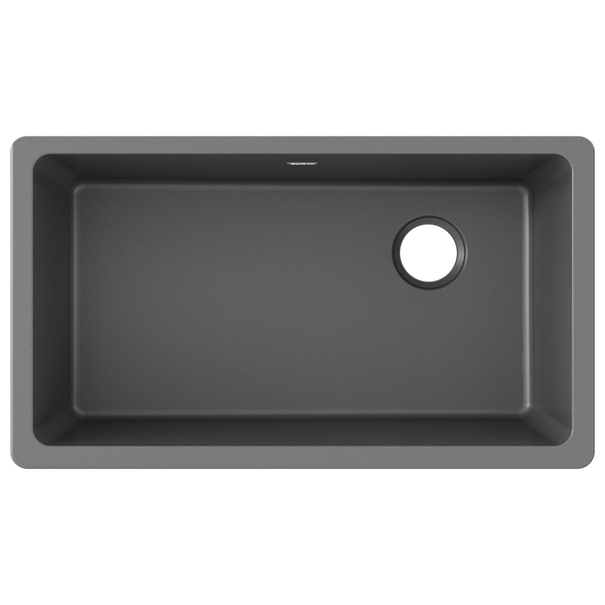 Dusk gray quartz single bowl undermount sink with rounded corners and faucet hole, top view.