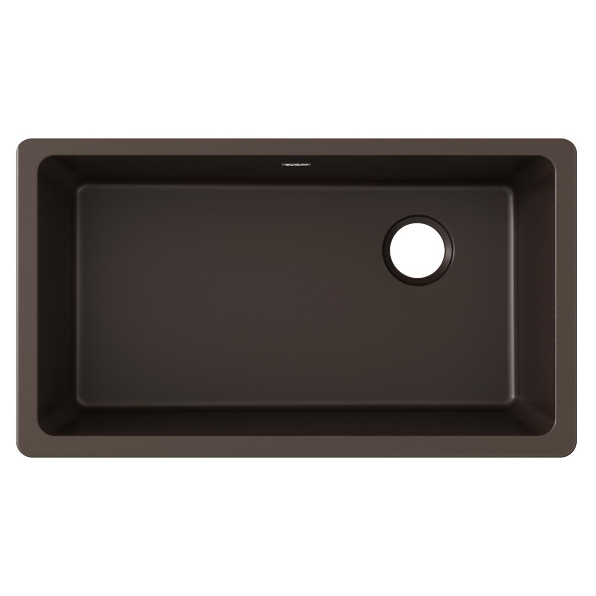Mocha quartz single bowl undermount sink with rounded corners and drain hole on right side.