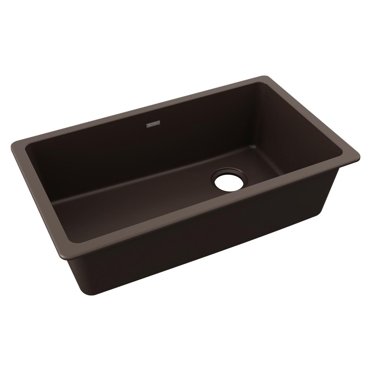 Mocha quartz single bowl undermount sink with rounded corners and drain hole on right side.