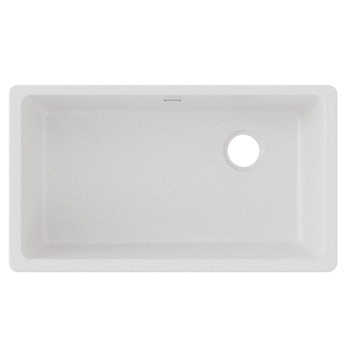 White quartz composite single bowl undermount sink with rounded corners and faucet hole.