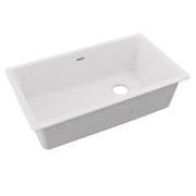 White quartz single bowl undermount kitchen sink with rounded corners and centered drain hole.