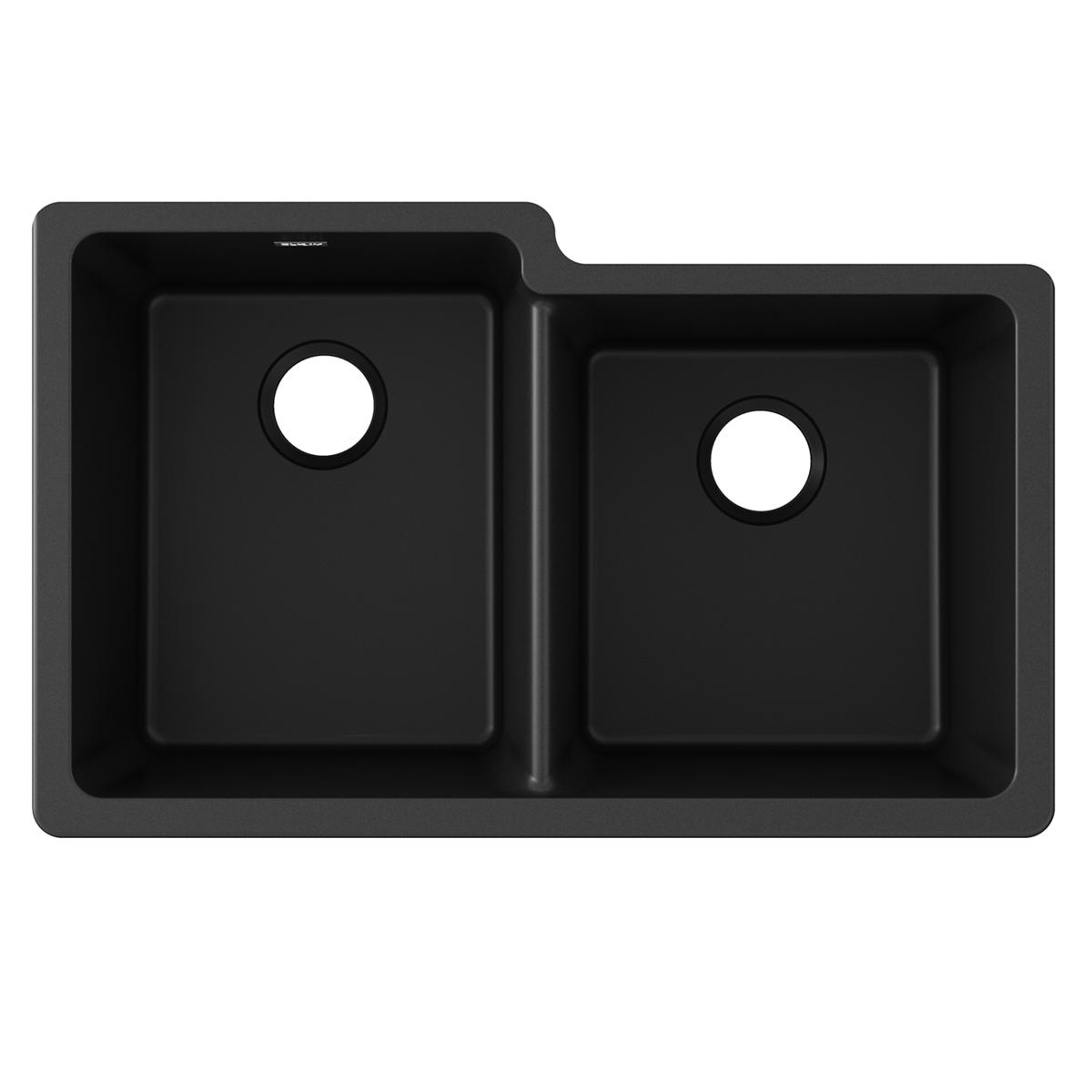 Black quartz double bowl undermount sink with offset bowls and drain holes.