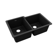 Black quartz double bowl undermount sink with offset bowl sizes and drain holes.