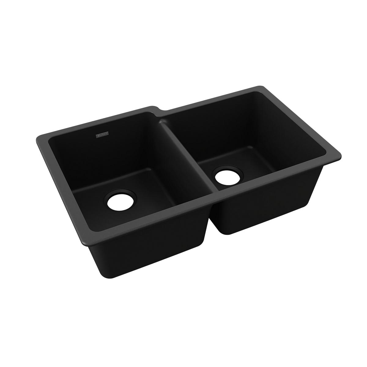 Black quartz double bowl undermount sink with offset bowl sizes and drain holes.