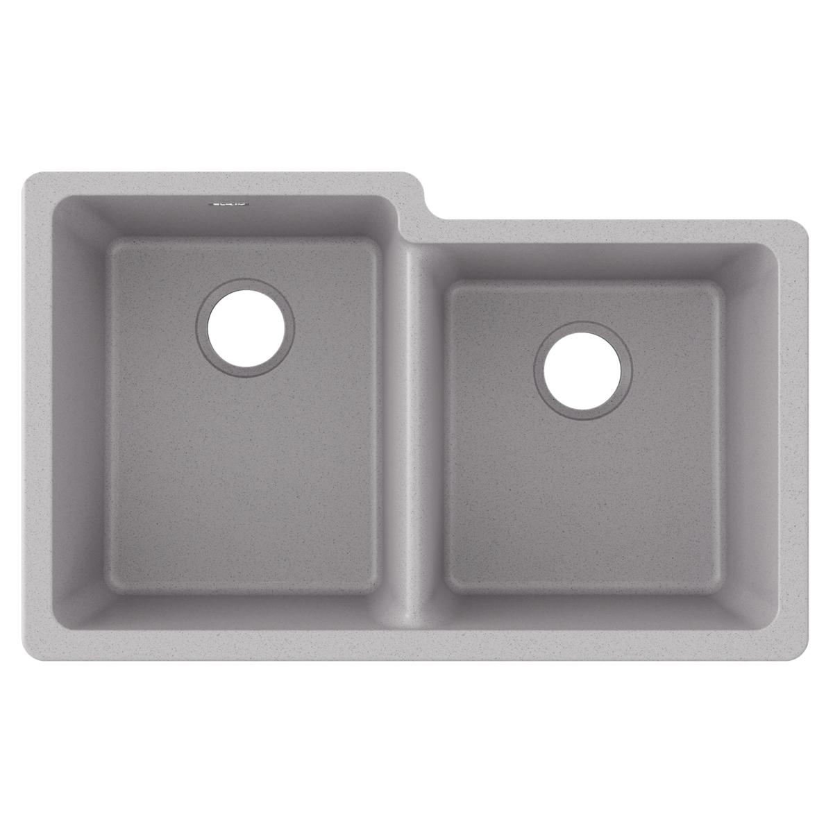 Greystone quartz double bowl undermount sink with offset bowls and drain openings, shown from above.