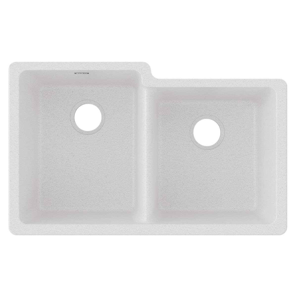 White quartz double bowl undermount sink with offset left and right basins and drain openings.