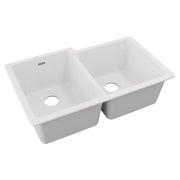 White quartz double bowl undermount sink with offset bowls and drain holes.
