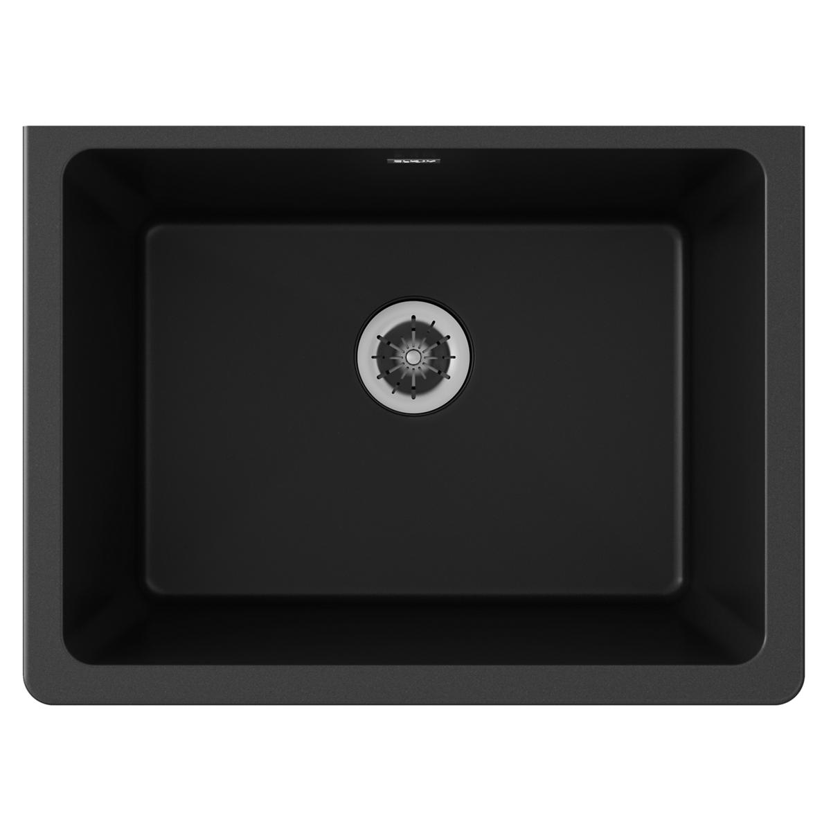 Black quartz undermount laundry sink with drain strainer, viewed from above.