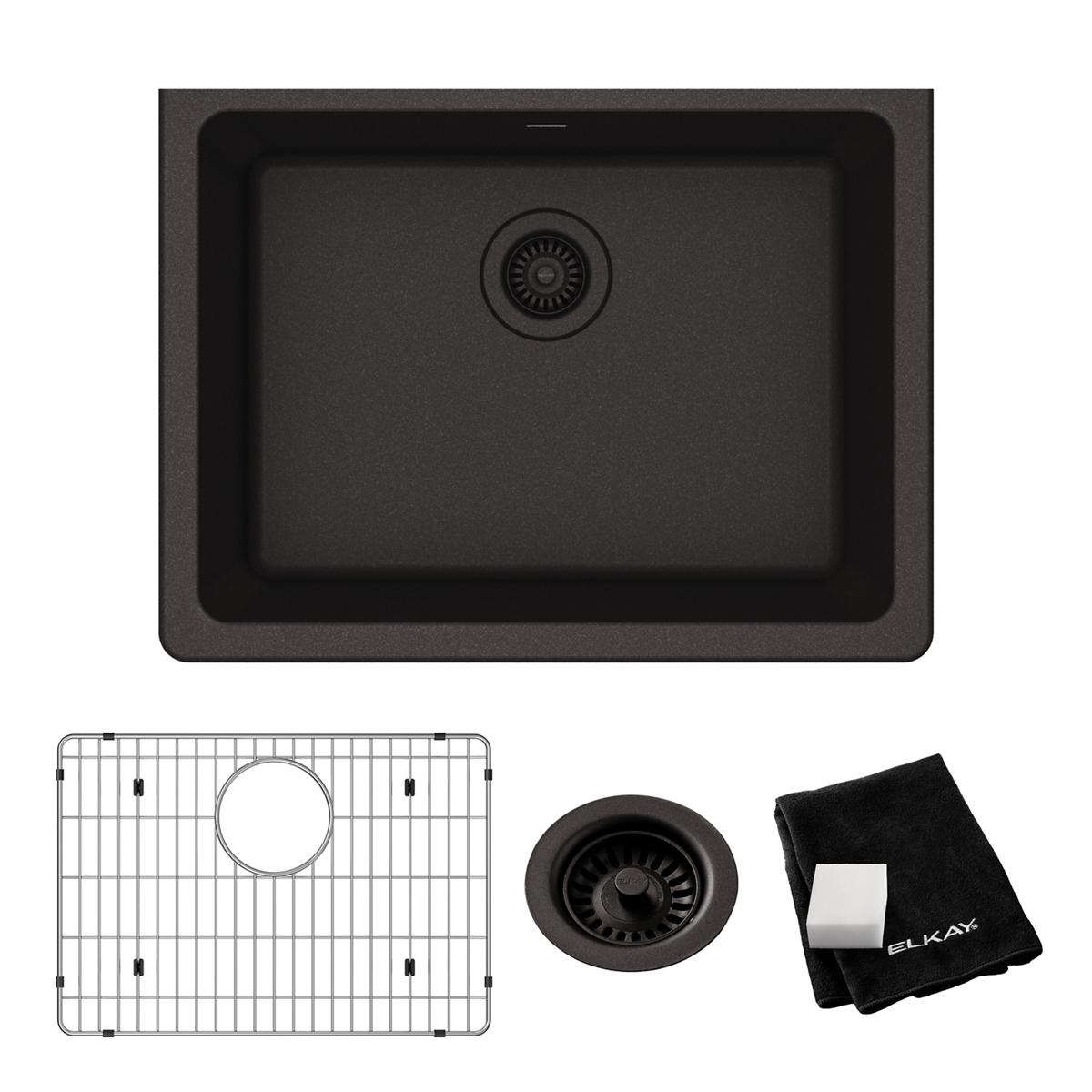 Black quartz undermount sink bowl with drain basket, stainless steel grid, strainer, and care cloth included.