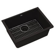 Black quartz single bowl undermount sink with stainless steel grid and drain strainer.