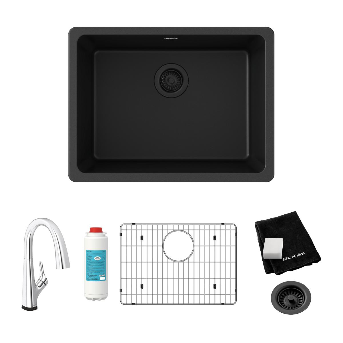 Black quartz undermount sink with single bowl, drain basket, chrome filtered faucet, stainless steel grid, and cloth included