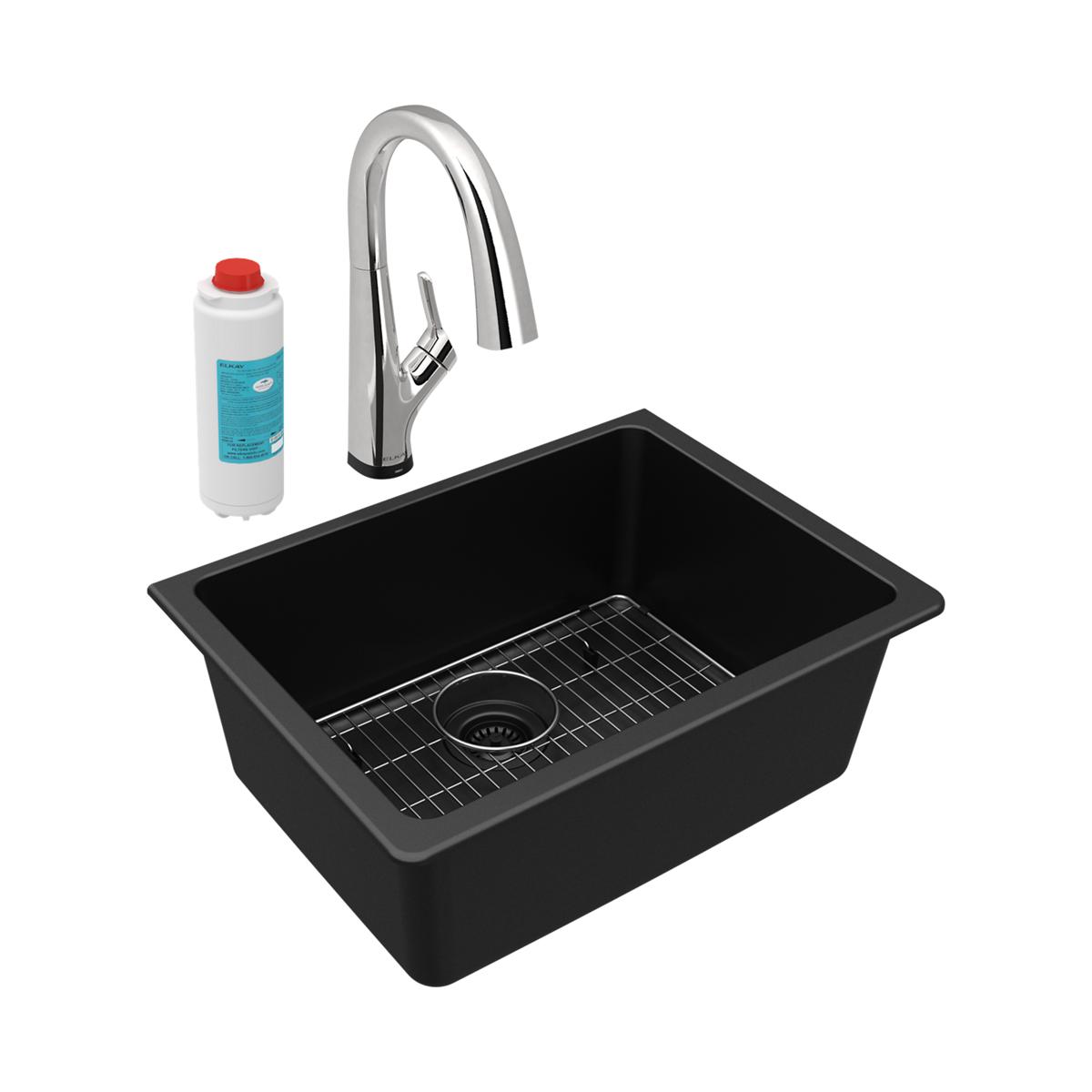 Black quartz single bowl undermount sink with chrome pull-down faucet, sink grid, and water filter cartridge.