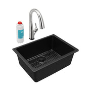 Black quartz single bowl undermount sink with chrome pull-down faucet, sink grid, and water filter cartridge.