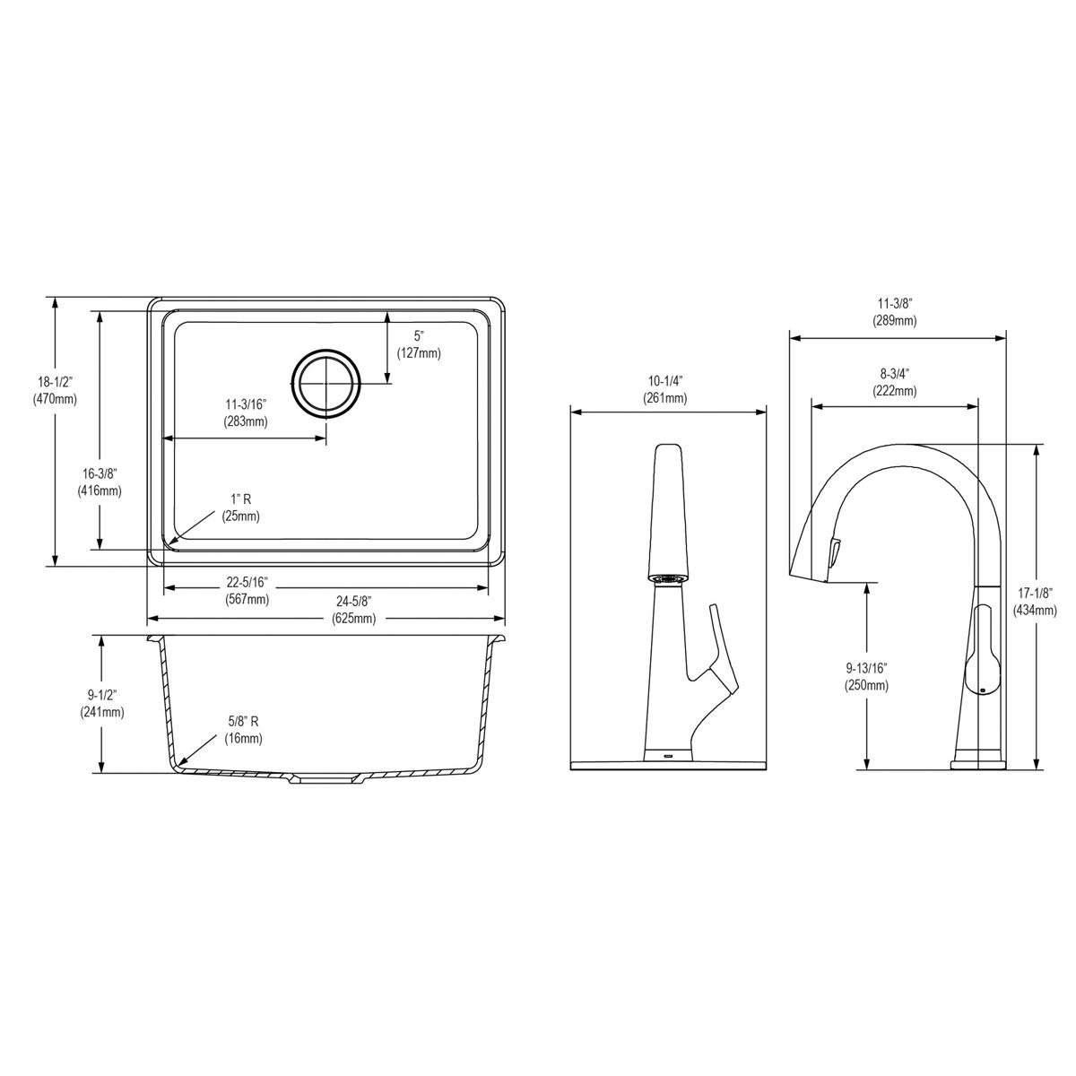 Black quartz undermount sink with single bowl and matching black filtered faucet, shown with technical dimensions and side vi
