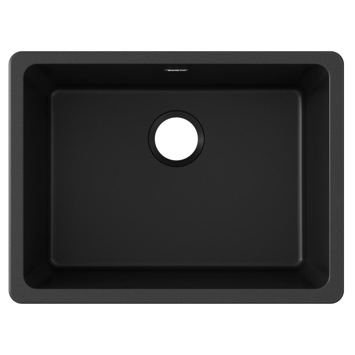 Black quartz undermount sink with single bowl and drain hole, viewed from above.