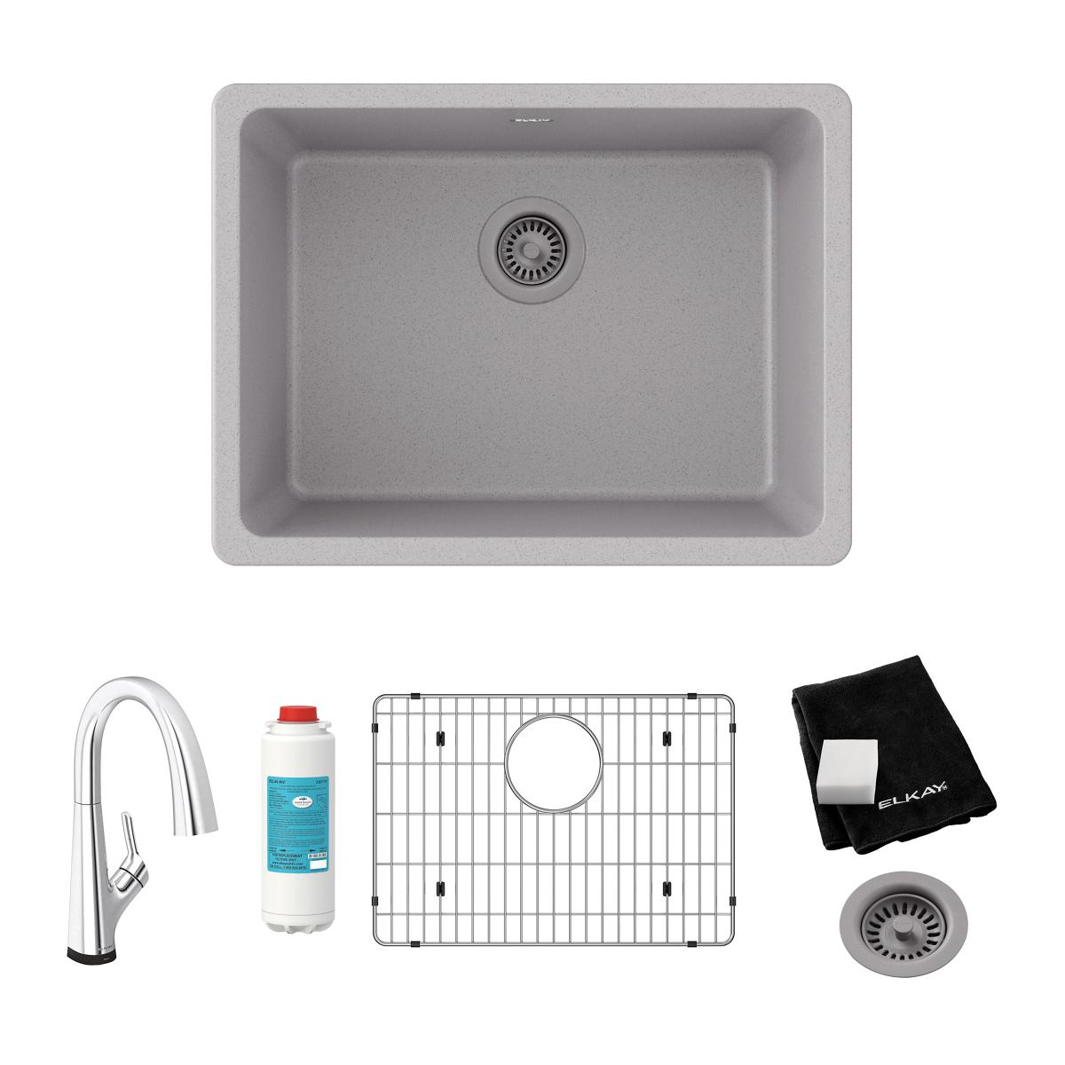 Greystone quartz single bowl undermount sink with stainless steel faucet, filter cartridge, grid, drain, and cloth.