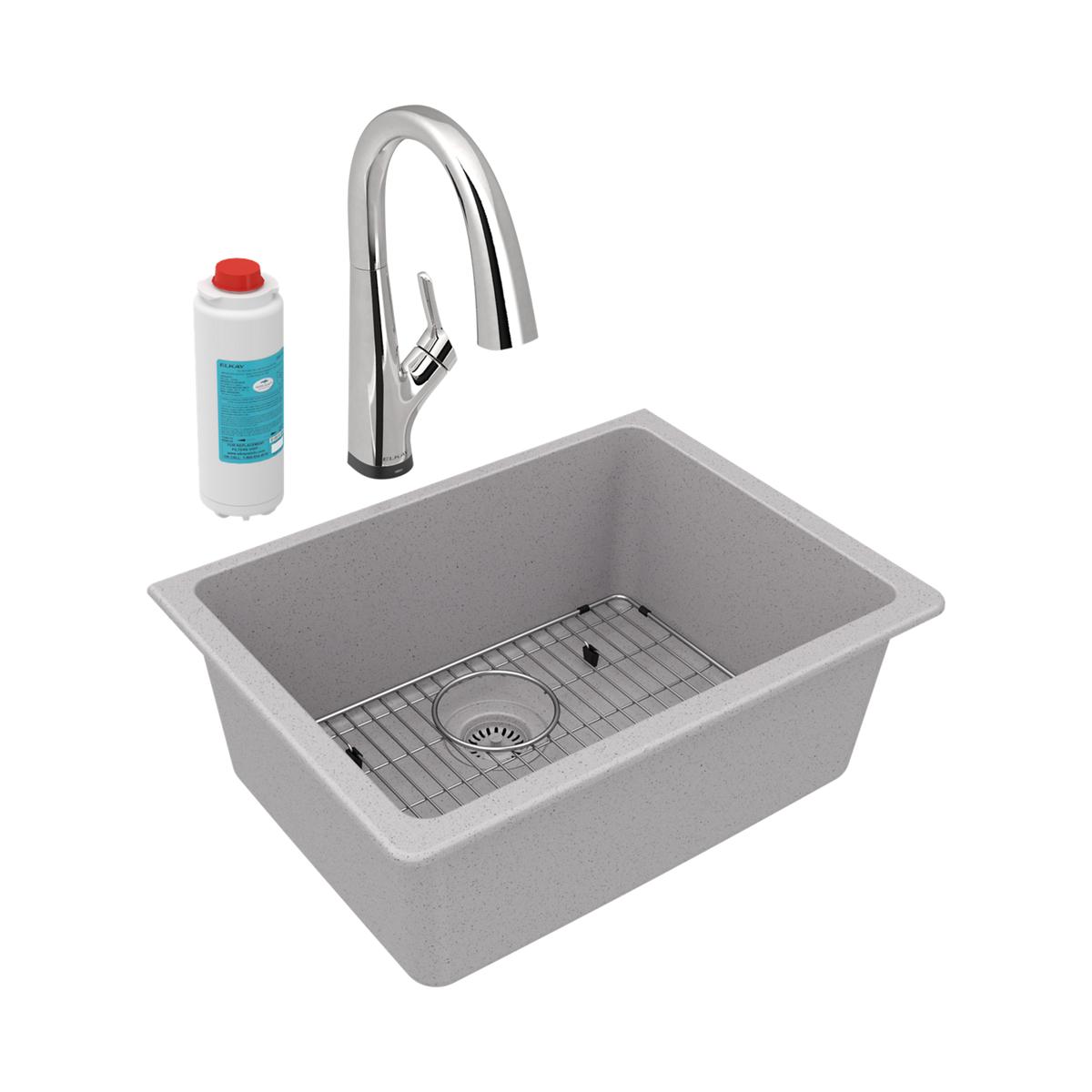 Greystone quartz single bowl undermount sink with chrome pull-down faucet, grid insert, and water filter cartridge.