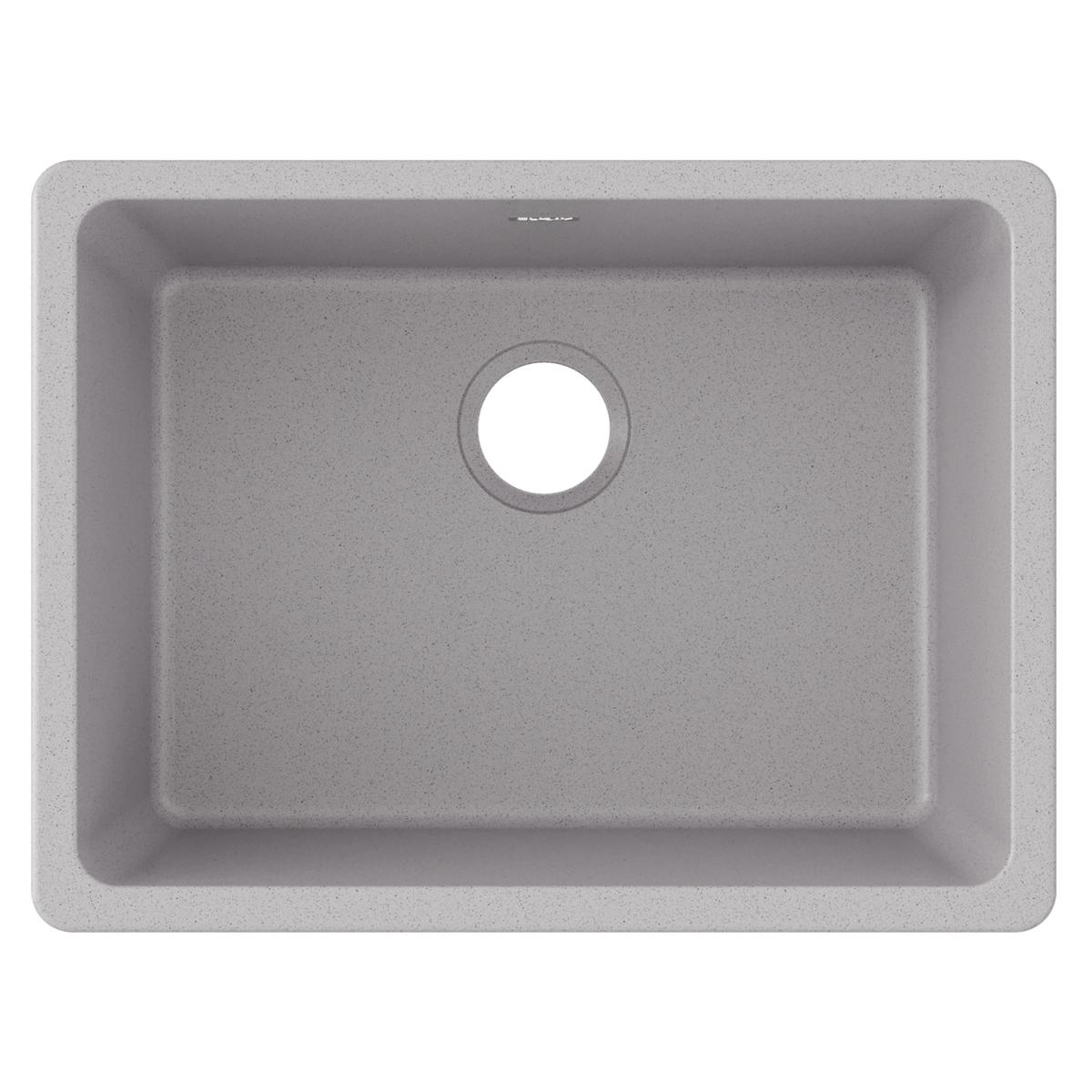 Greystone quartz single bowl undermount sink with rounded corners and center drain hole, shown from above.