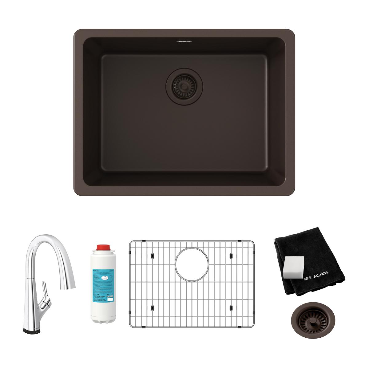 Mocha single bowl undermount sink with filtered faucet, sink grid, drain strainer, and care cloth included.