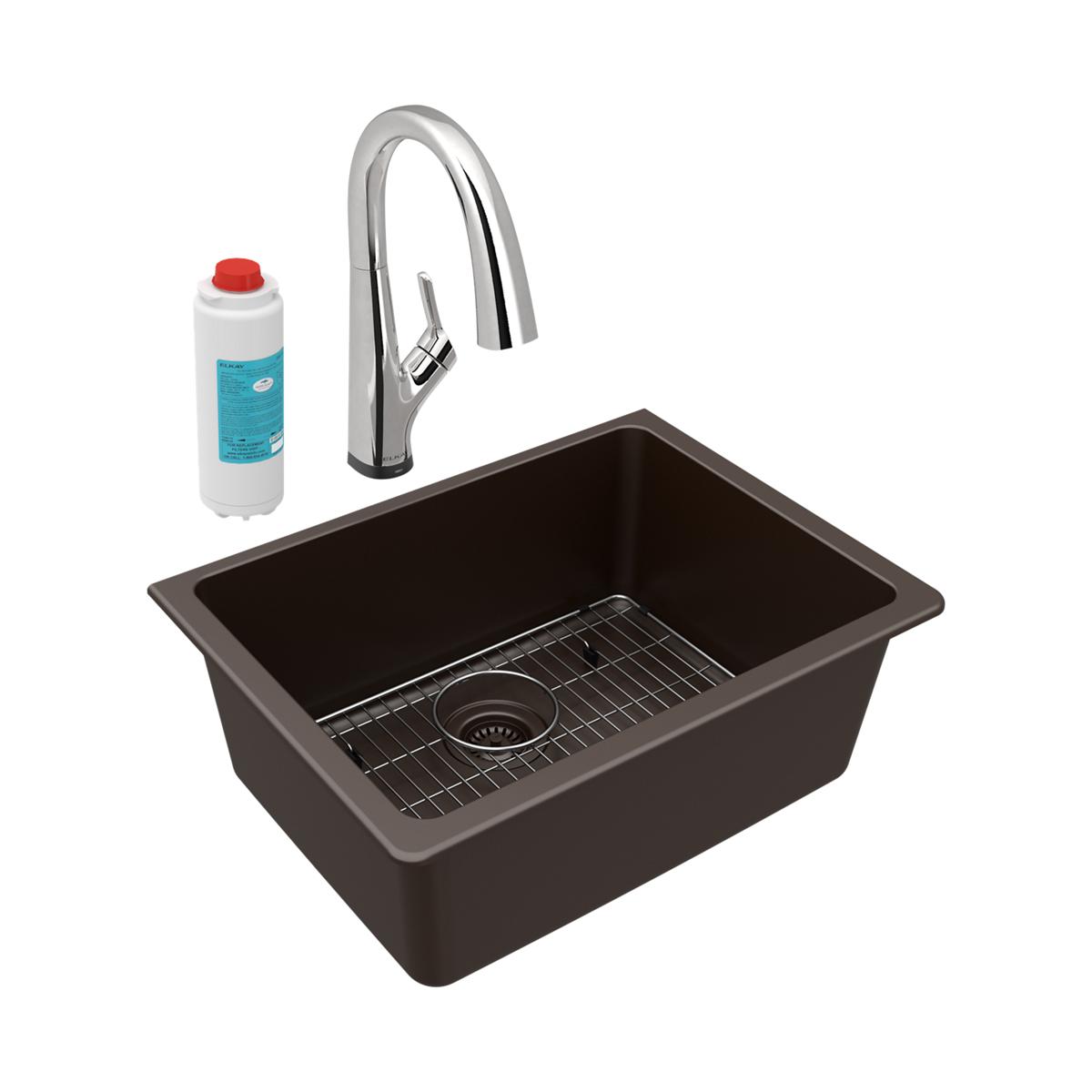 Mocha quartz undermount sink with stainless steel grate, paired with chrome pull-down faucet and water filter cartridge.