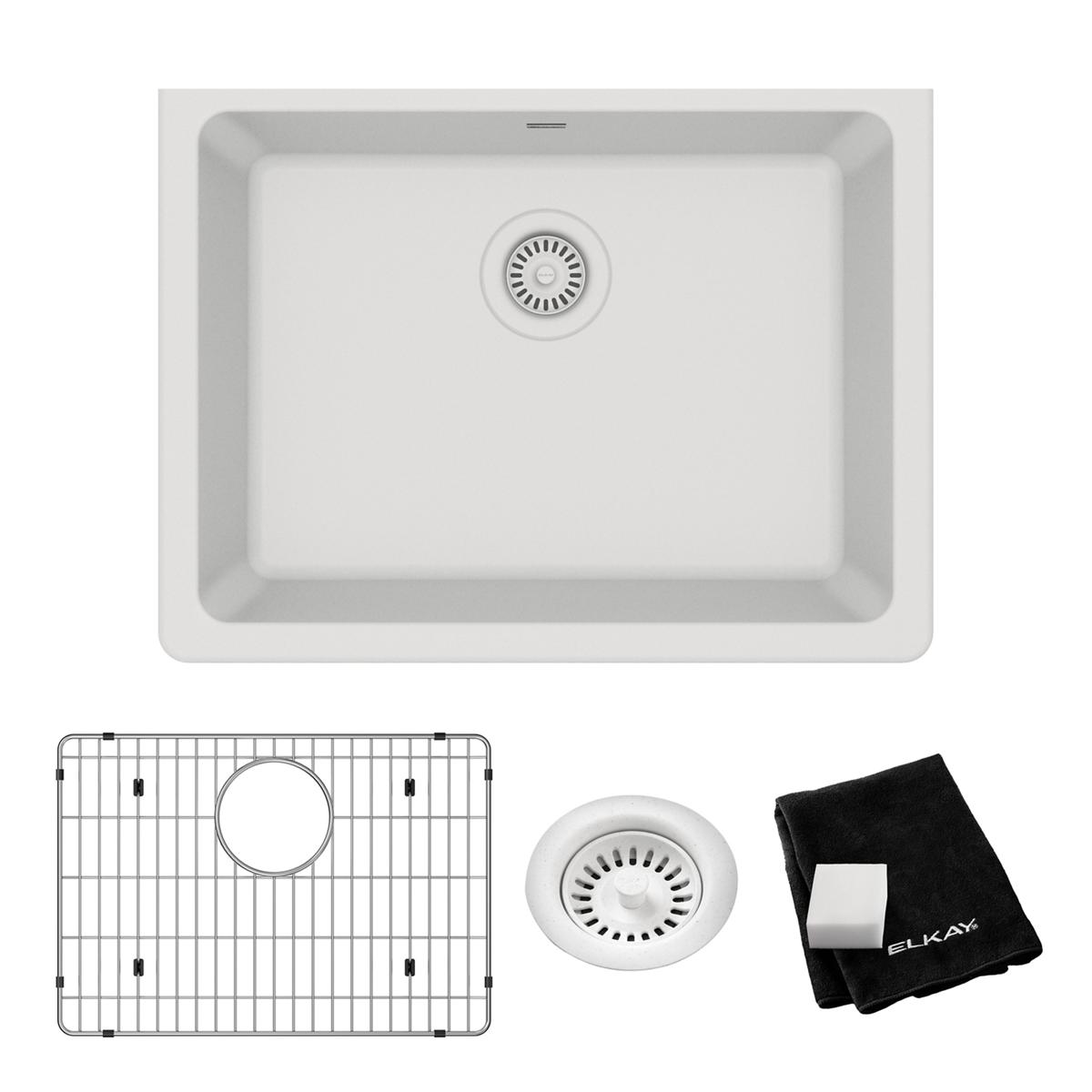 White quartz composite single bowl undermount sink with drain basket, stainless steel grid, and black cloth included.