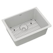 White single bowl undermount sink with stainless steel grid and drain strainer visible.