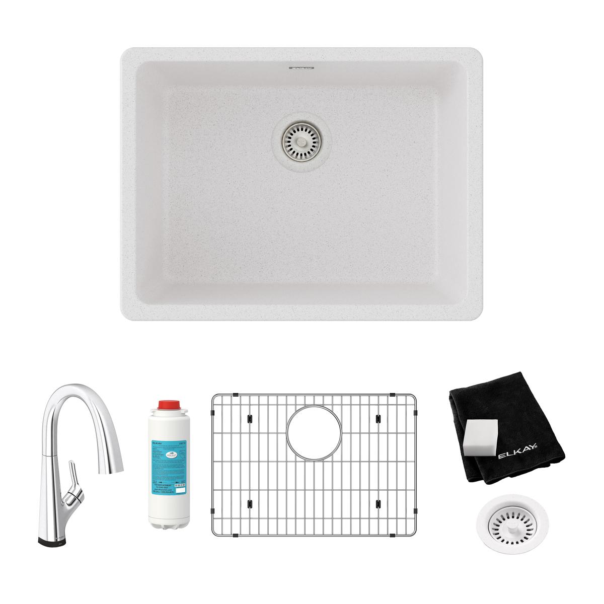 White quartz single bowl undermount sink kit with filtered faucet, drain basket, and accessories.