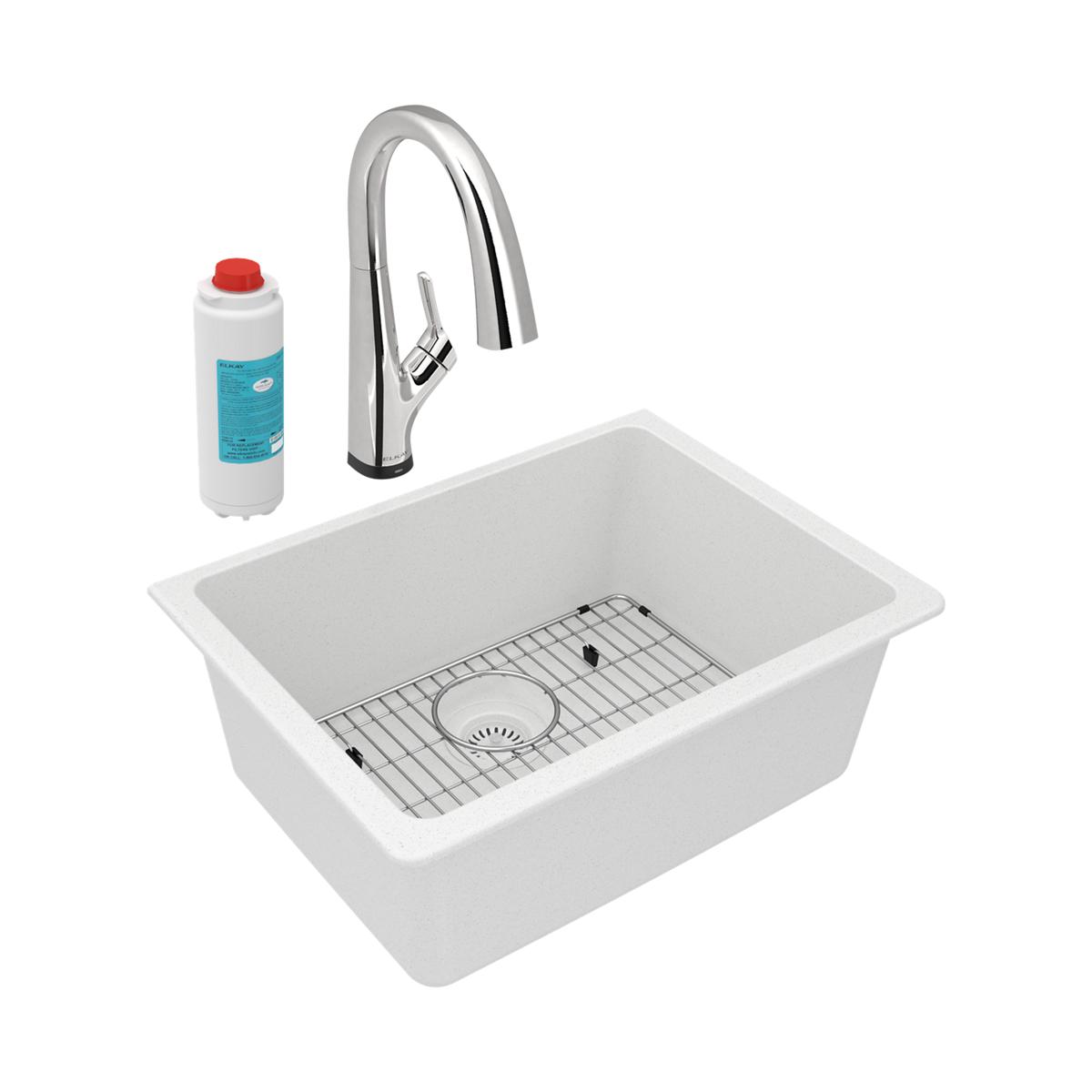 White quartz single bowl undermount sink with stainless steel pull-down faucet, sink grid, and water filter cartridge.
