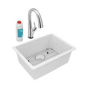 White quartz single bowl undermount sink with stainless steel pull-down faucet, sink grid, and water filter cartridge.