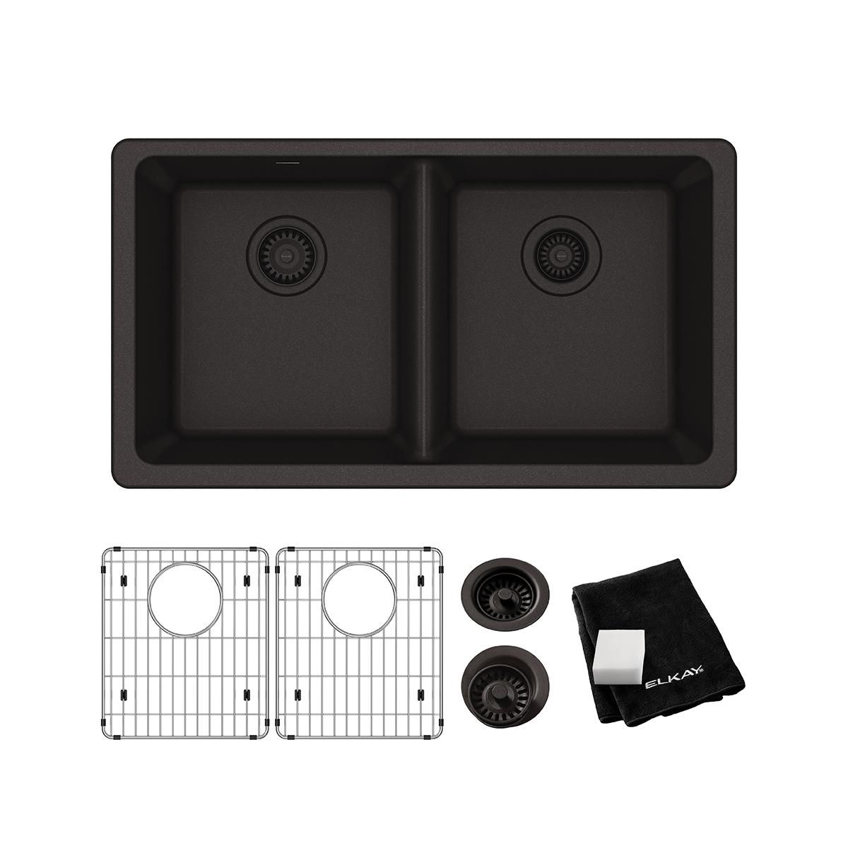 Black quartz double bowl undermount sink kit with two grid inserts, drain strainers, and cloth included.