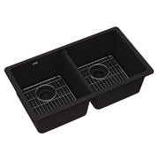 Black quartz double bowl undermount sink with two equal compartments, each with drain and metal grid insert.